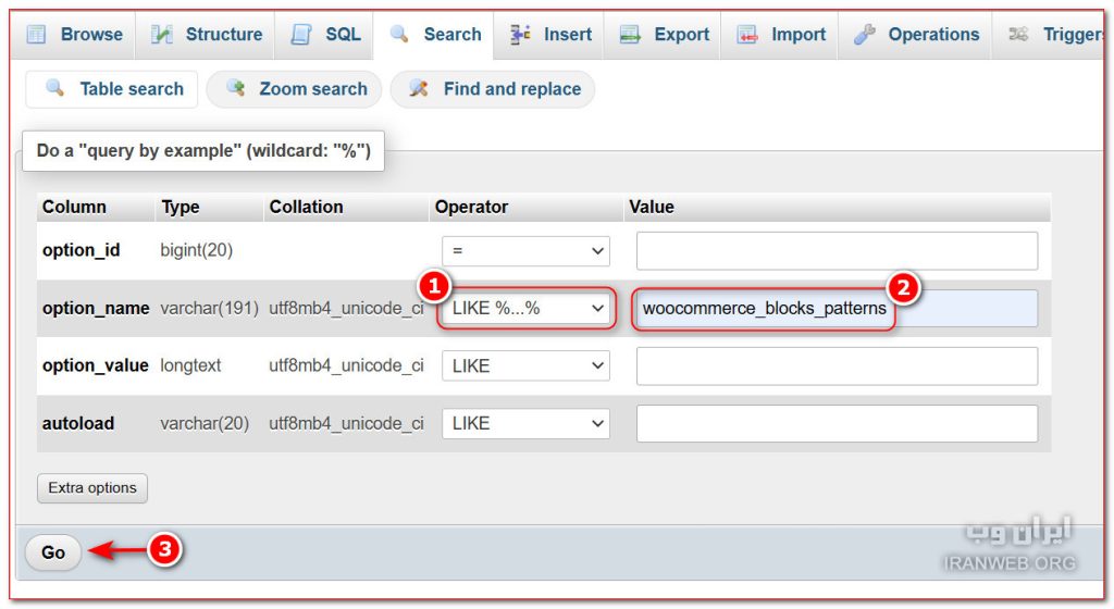 جستجو در جدول دیتابیس woocommerce_blocks_patterns